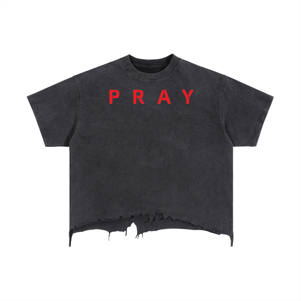 Pray S5 Vintage Wash Boxy Distressed Hem T-Shirt