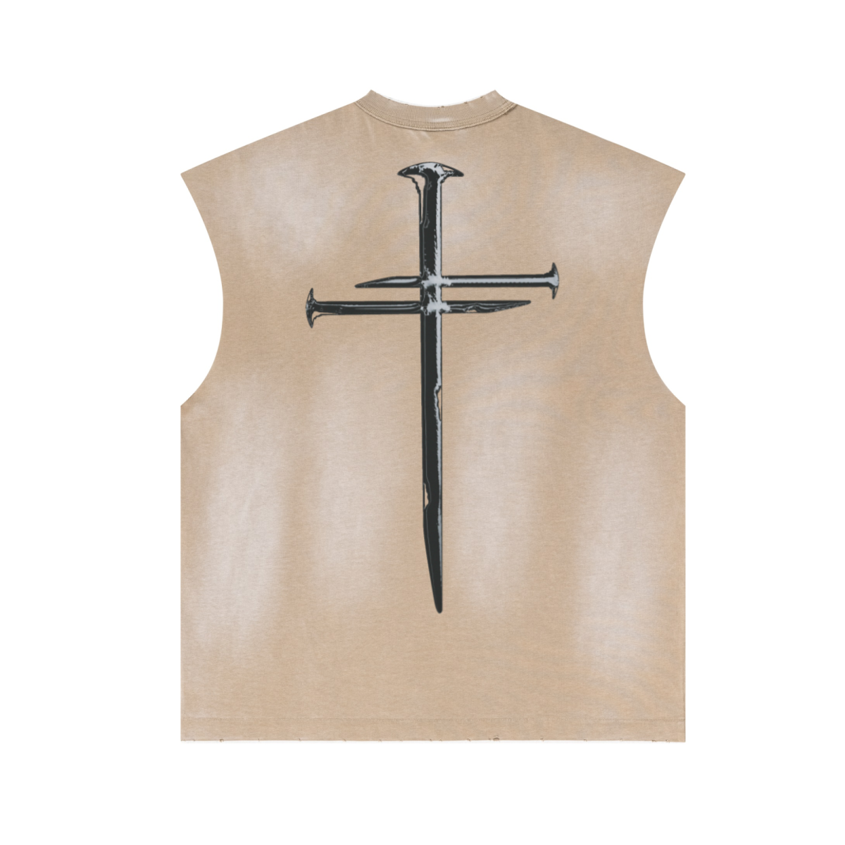 285GSM Unisex Monkey-Wash PP Spray Distressed Tank Top Vintage Khaki